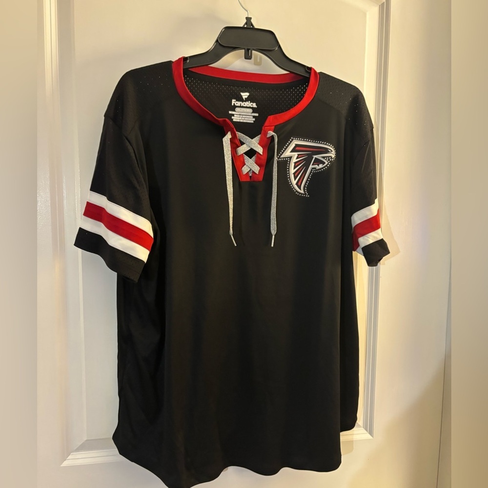Woman’s Fanatics Atlanta Falcons Black Lace-Up Short Sleeve Jersey Shirt Sz 2XL